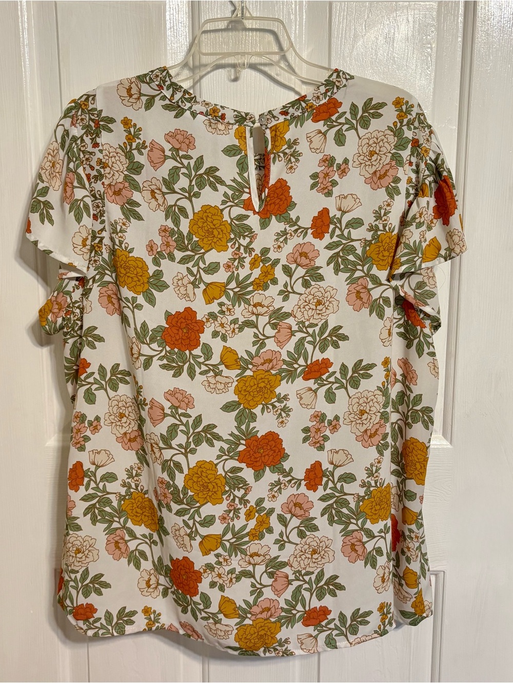 Floral Short-Sleeve Blouse in Cream with Orange & Green Print Sz XL - Picture 3 of 6